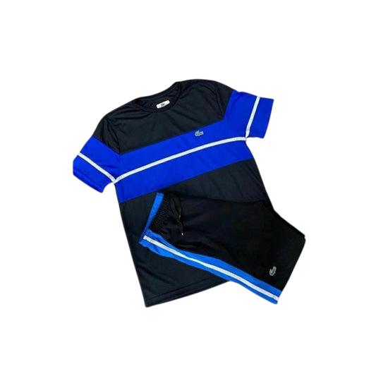 Ensemble Short T-Shirt Lacoste Noir et Bleu à bande